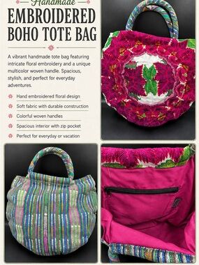 Handmade Embroidered Boho Tote Bag - Magenta Floral with Multicolor Handles